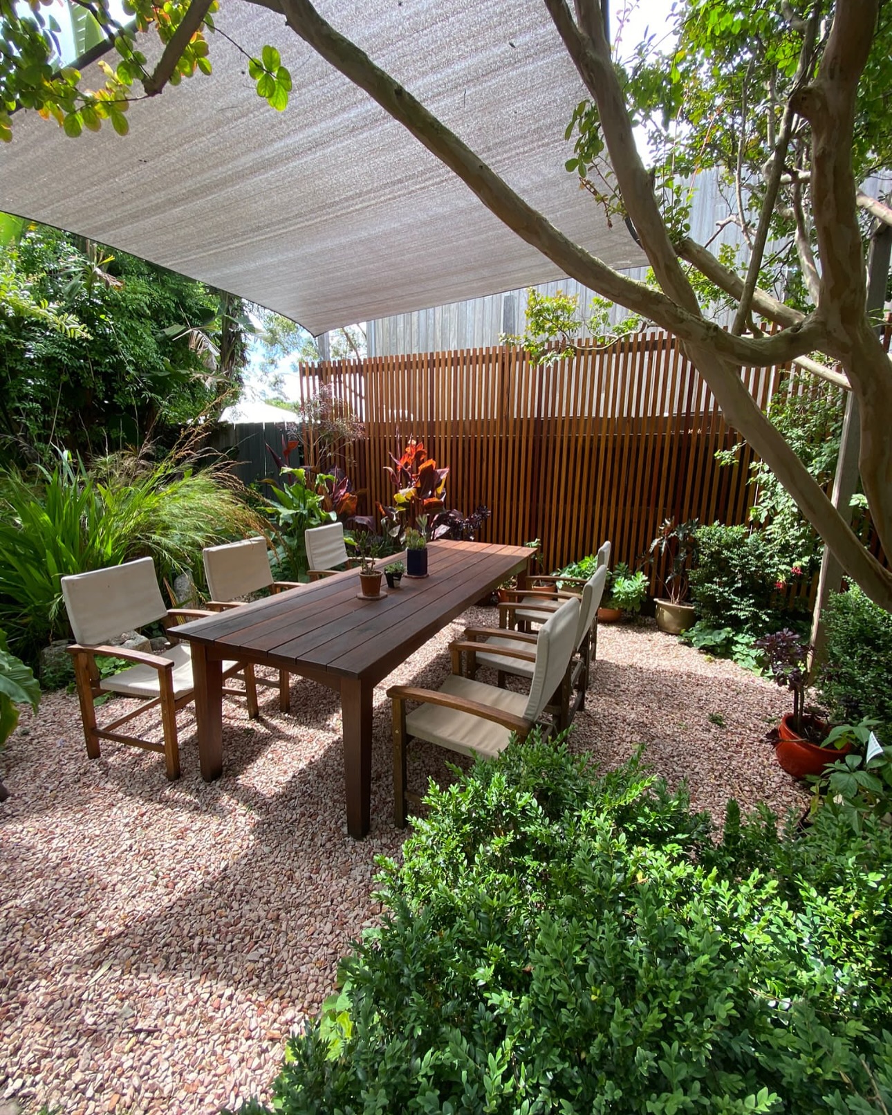 Blackbutt privacy screen and shade cloth installation